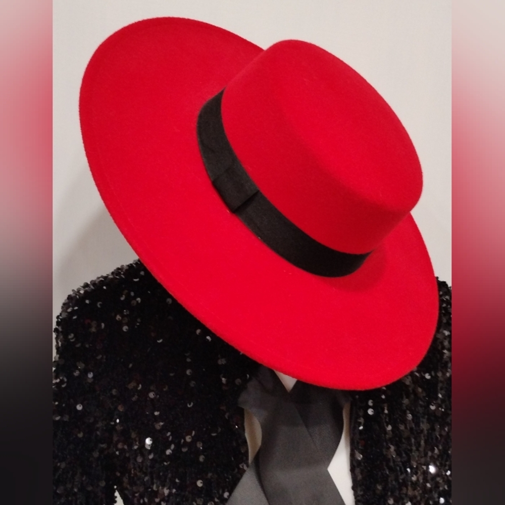 Red Wide-Brim Wool Felt Hat with Black Band